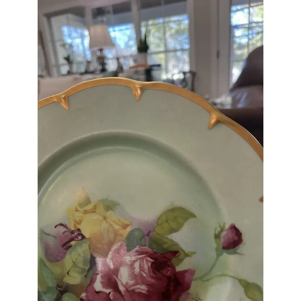 Vtg Porzellan Imperial Set of 2 Dinner Plates Mint green‎ Pink Roses by Ullrich